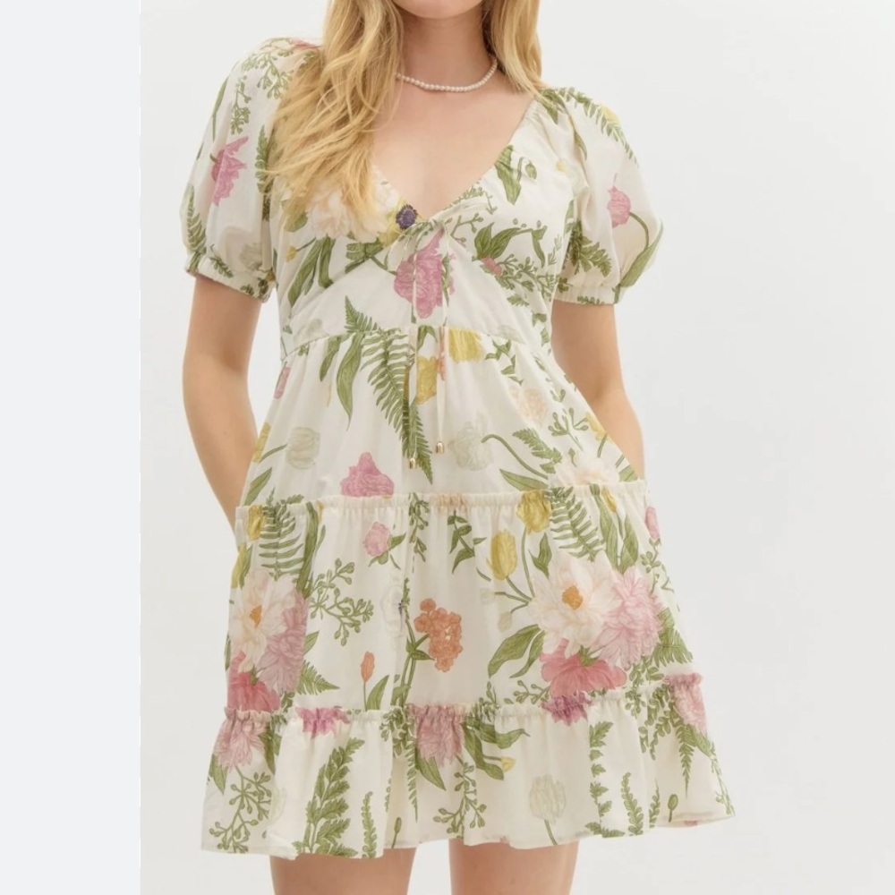 New Tropical Floral Puff Sleeve Bow Dress